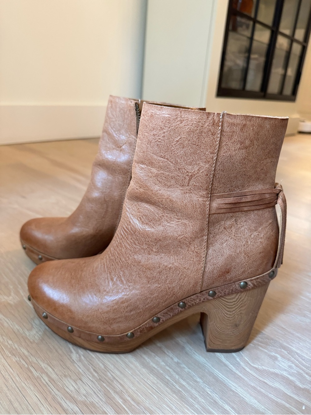 Kork-Ease Dianna Bootie Brown Leather Studded Clog Ankle Booties